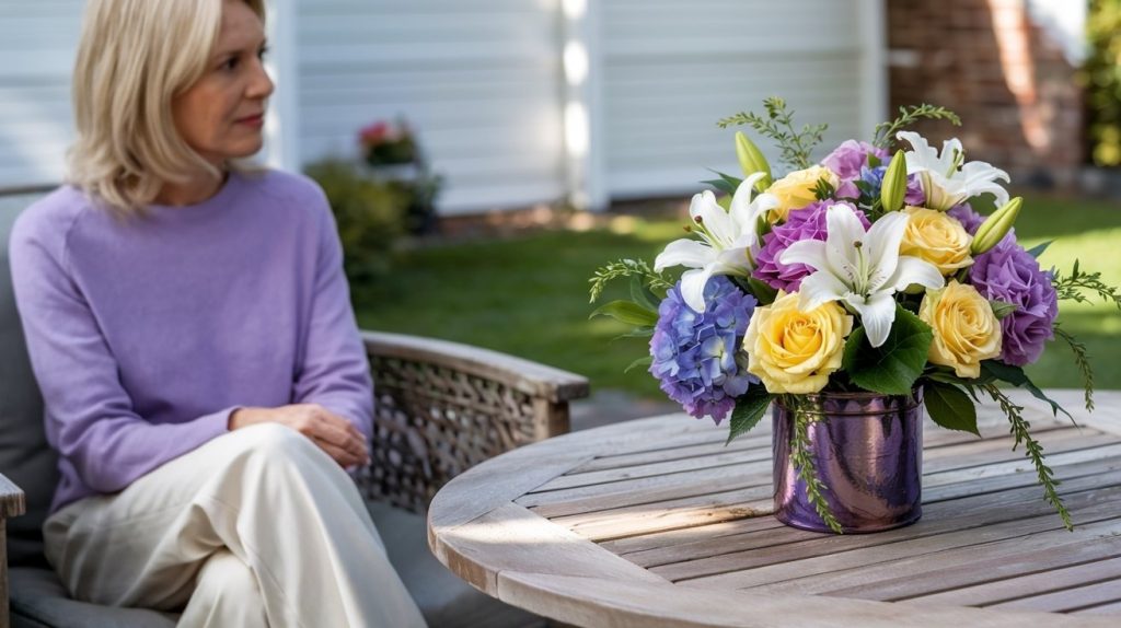 A Westmont Mom celebrates Mother's Day on her back patio. She sits in a chair with family surrounding the patio table. She just received a Mother's Day flower arrangement from Westmont Flower Shop.
